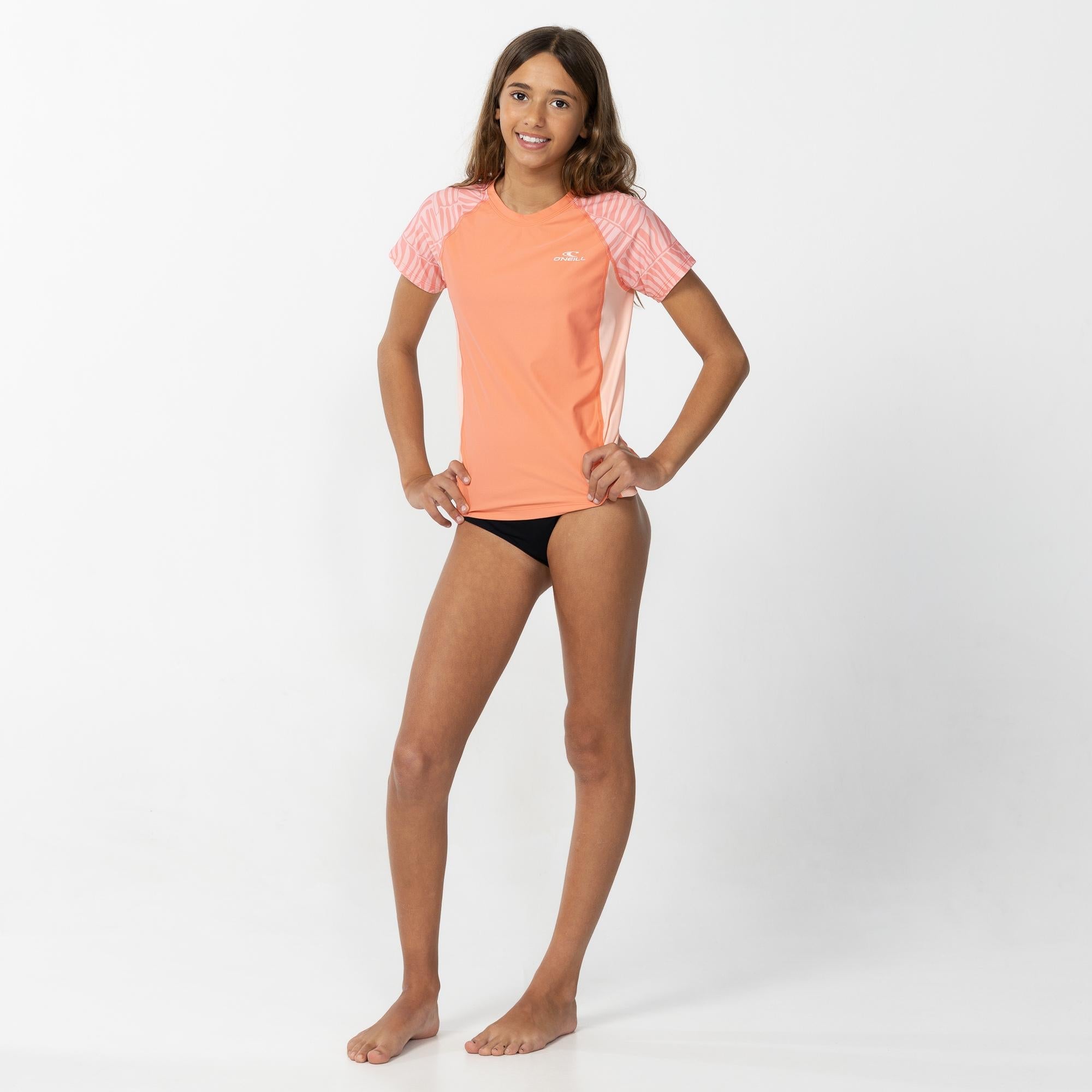 Girl's Nixie Short Sleeve Rash Vest - Palm Peach