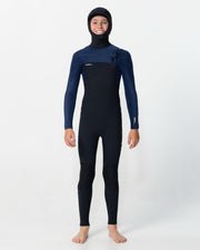 Kid's HyperFreak 5/4+ Hooded Steamer Chest Zip Wetsuit - Black Navy