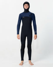 Kid's HyperFreak 5/4+ Hooded Steamer Chest Zip Wetsuit - Black Navy