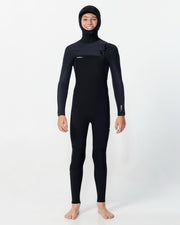 Kid's HyperFreak 5/4+ Hooded Steamer Chest Zip Wetsuit - Black