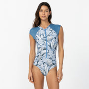 Women's Laney Front Zip Cap Sleeve Surf Suit - Blue Floral