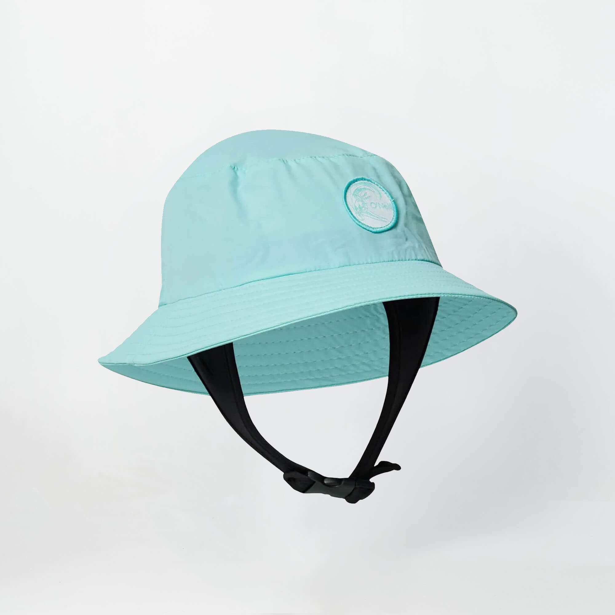 Light blue bucket hat with black chin strap on a light gray background