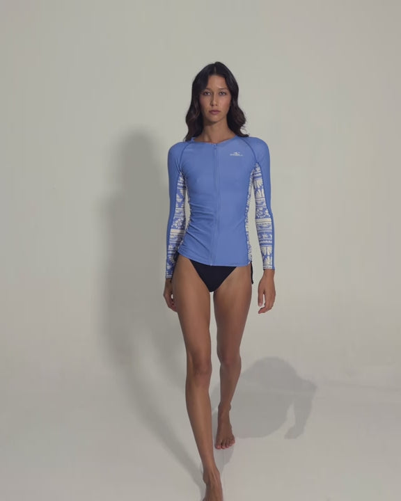 Load video: Women's Laney Front Zip Long Sleeve Rash Vest - Azurine