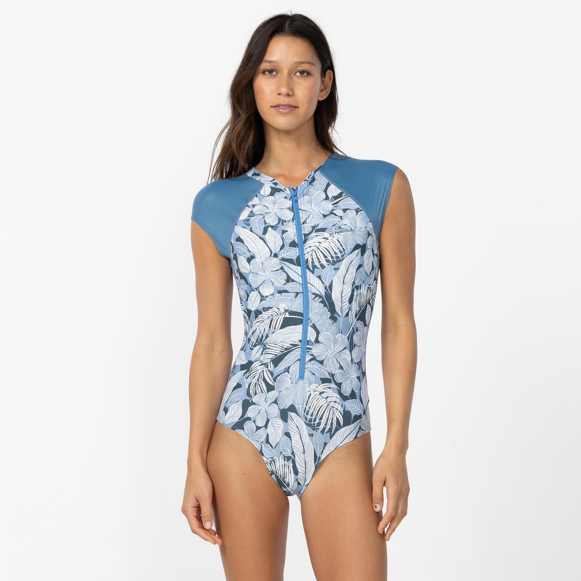 Women's Laney Front Zip Cap Sleeve Surf Suit - Blue Floral