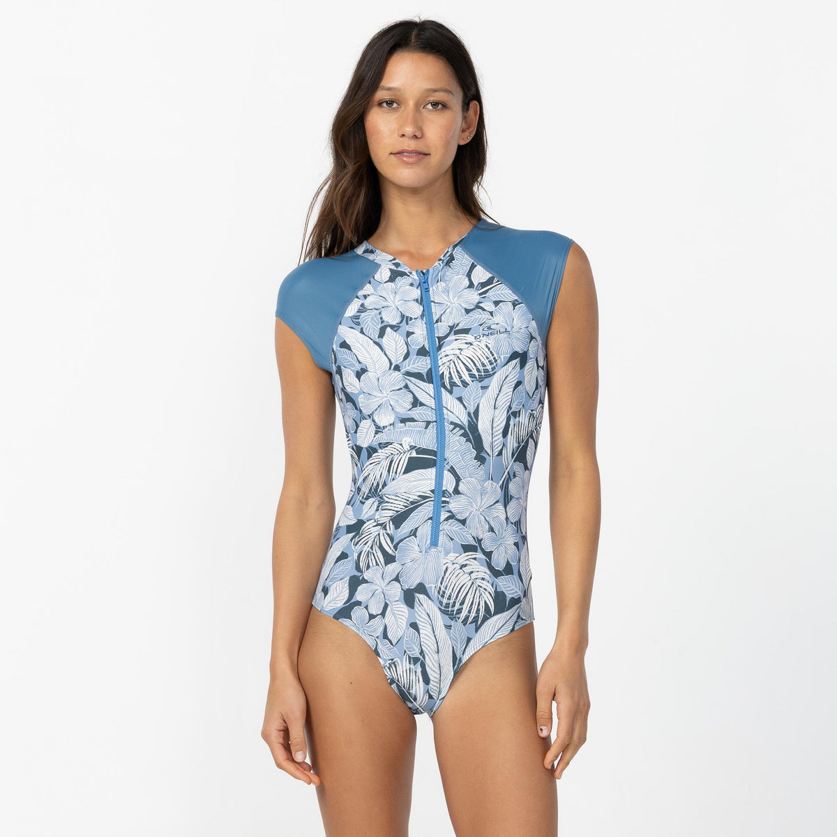 Women's Laney Front Zip Cap Sleeve Surf Suit - Blue Floral
