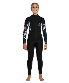Girl's Bahia 4/3mm Steamer Chest Zip - Black Hibiscus