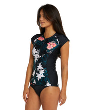 Women's Bahia Front Zip Cap Sleeve Rash Vest - Black Hibiscus