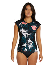 Women's Bahia Front Zip Cap Sleeve Rash Vest - Black Hibiscus