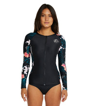 Women's Bahia Front Zip Long Sleeve Rash Vest - Black Hibiscus