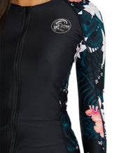 Women's Bahia Front Zip Long Sleeve Rash Vest - Black Hibiscus