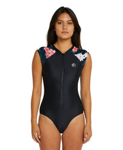 Women's Bahia Lycra Short Sleeve Surfsuit - Black Hibiscus